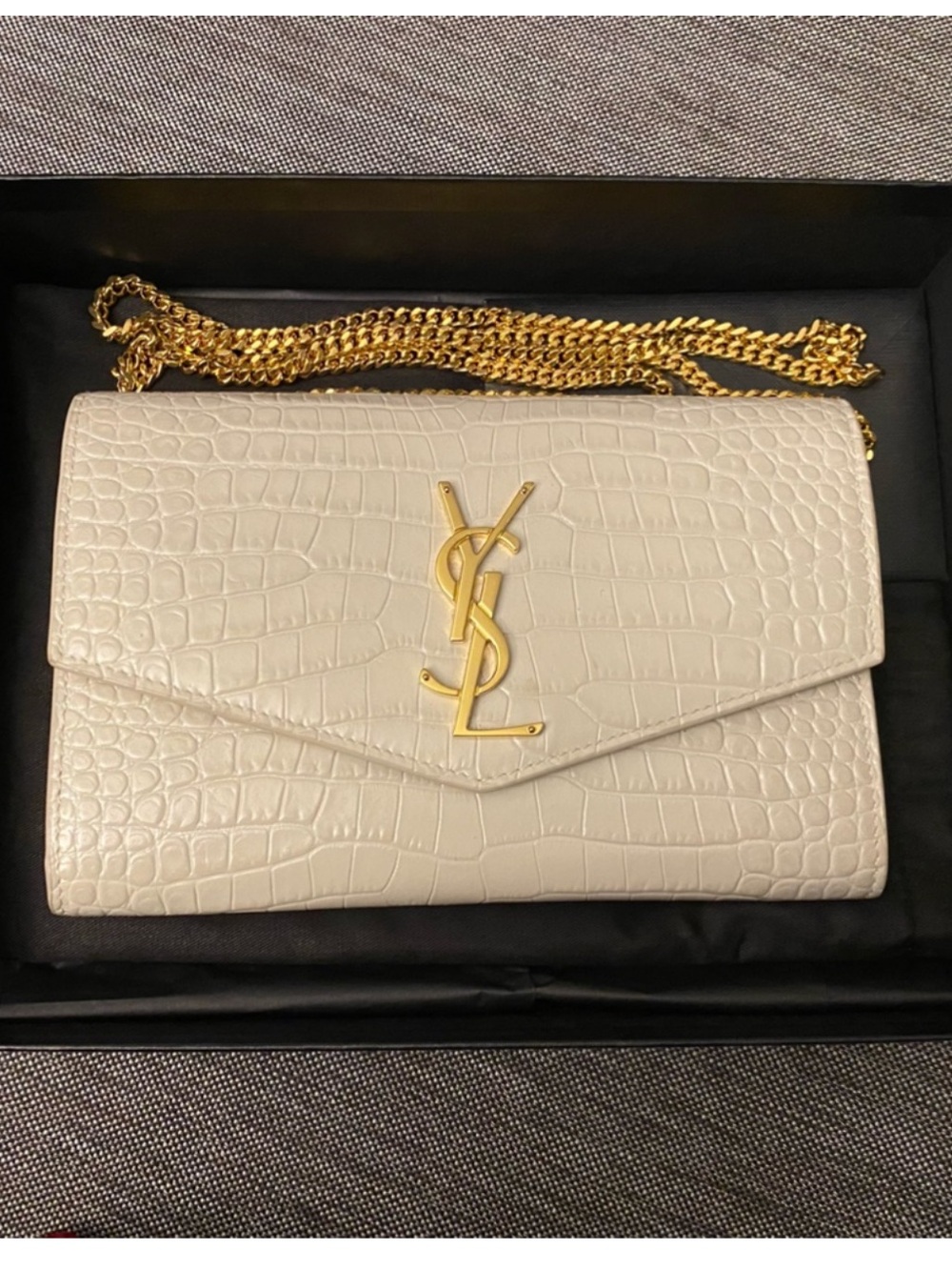Yves Saint Laurent White Croc-Embossed Mini Wallet with Gold YSL Logo